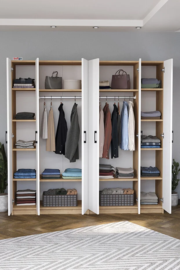 6 Kapaklı 16 Raflı Gardırop Elbise Dolabı 6 Kapaklı Gardırop Smyrna Safir Meşe Beyaz